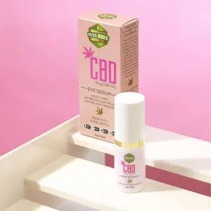 A bottle of 15 mg CBD eye cream with the box behind it.