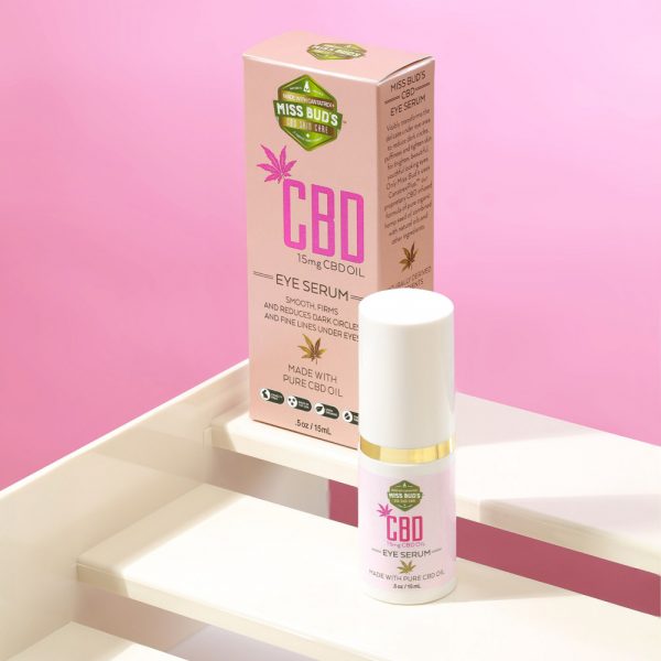 A bottle of 15 mg CBD eye cream with the box behind it.