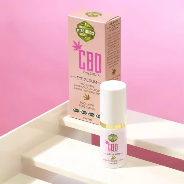 A bottle of 15 mg CBD eye cream with the box behind it.