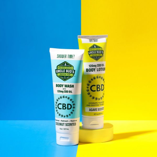 One bottle of 120mg CBD body wash and one bottle of 120mg CBD body lotion.